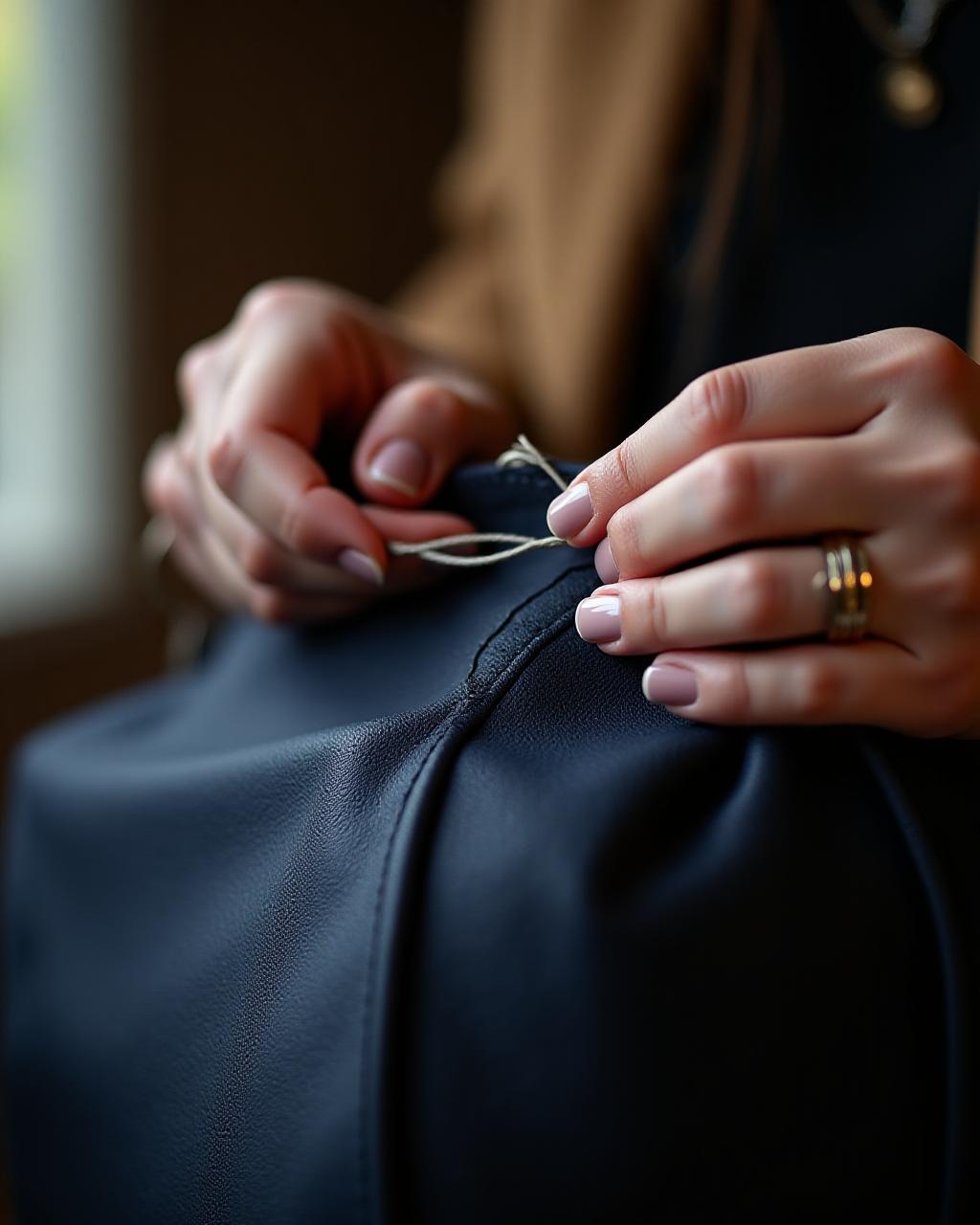 Close up of artisanal leather stitching on a premium bag